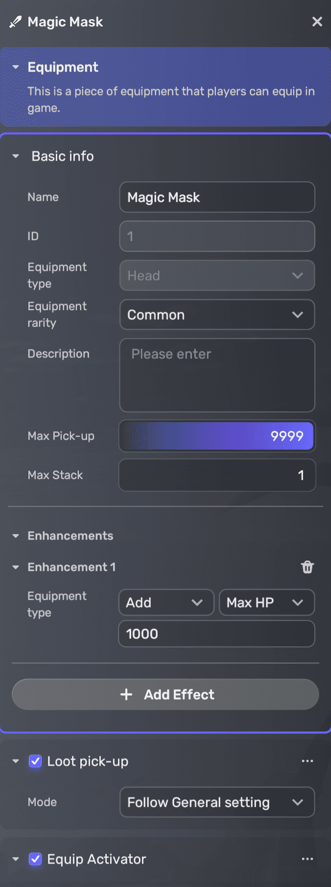 Edit equipment properties