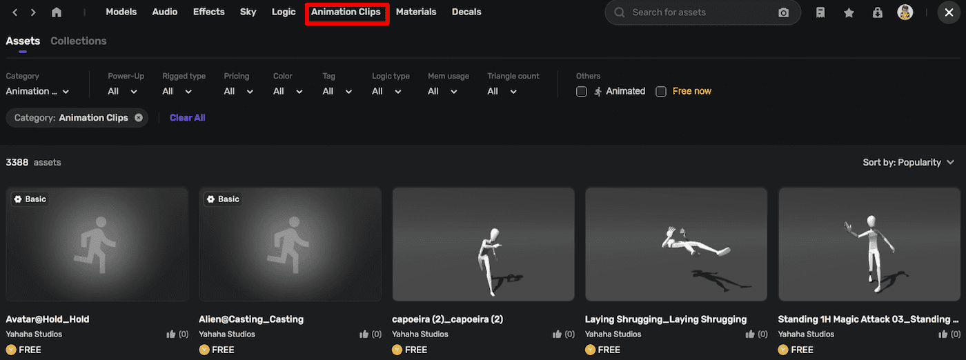 在资产库查找动画